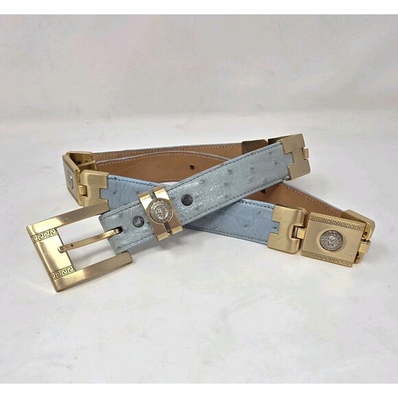 Vintage Blue Ostrich Leather Lionhead Sectional Gold Tone Link Belt 32\